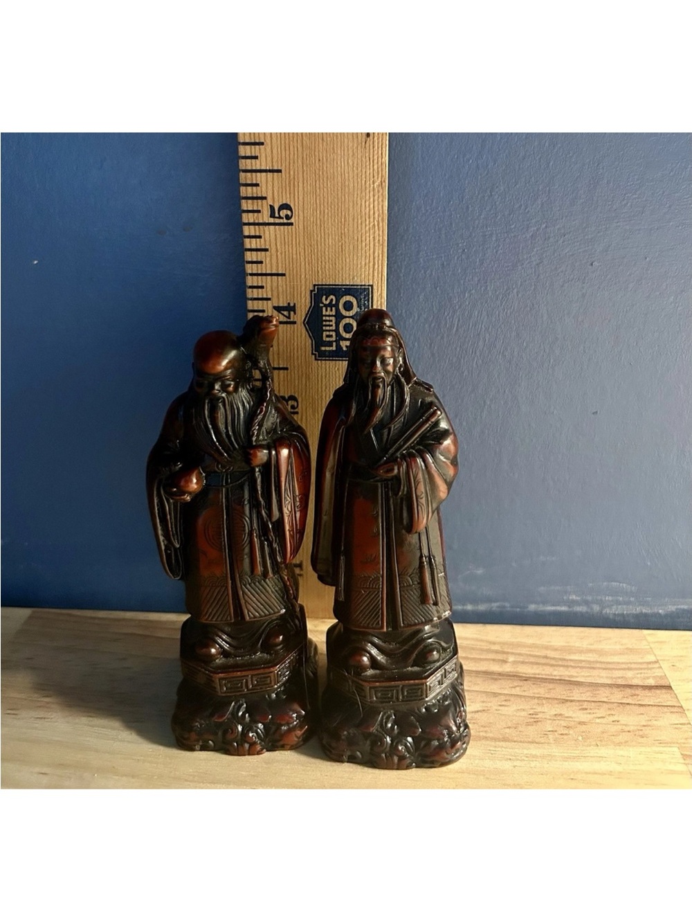 Vintage Chinese Faux Wood Resin Figurines Shou Xing & Confucius Mini 4" Pair